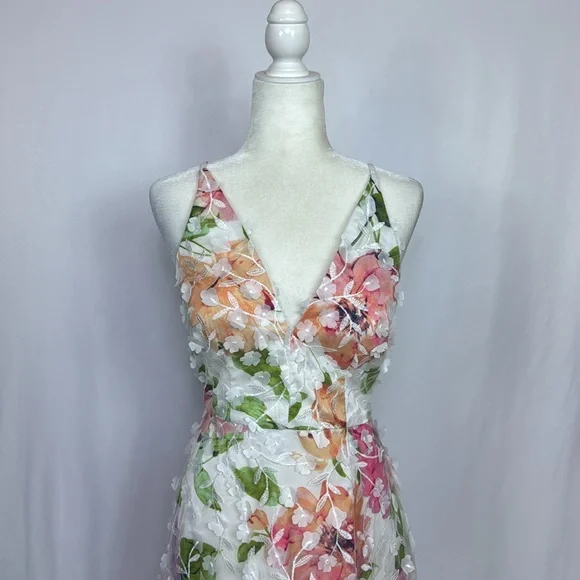 Xscape 3D-Appliqué Floral-Print Gown Size 4 White‎ Pink Formal Evening Dress Maxi